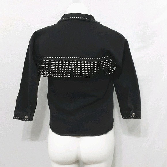 Zara Big Girl Fringed Western Cropped Black Denim Jacket US 8 - Picture 6 of 8